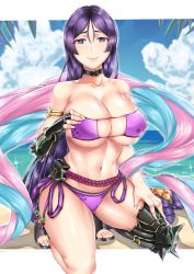 Rule 34 | 1girl, armor, bare shoulders, beach, bikini, breasts, choker, cleavage, closed mouth, covered erect nipples, day, eyepatch bikini, fate/grand order, fate (series), gloves, hagoromo, highres, japanese armor, knee pads, kneeling, kote, large breasts, long hair, looking at viewer, minamoto no raikou (fate), minamoto no raikou (fate/grand order), minamoto no raikou (swimsuit lancer) (fate), minamoto no raikou (swimsuit lancer) (third ascension) (fate), nattapuumuu, navel, outdoors, purple bikini, purple eyes, purple hair, shawl, single glove, skindentation, smile, solo, stomach, swimsuit, very long hair