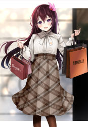 Rule 34 | 1girl, absurdres, alternate costume, bag, blush, brown pantyhose, brown skirt, buttons, crescent, crescent pin, feet out of frame, hair between eyes, hair ornament, handbag, highres, holding, holding bag, kantai collection, kisaragi (kancolle), long hair, long sleeves, looking at viewer, open mouth, paid reward available, pantyhose, pleated skirt, purple eyes, purple hair, shirt, shopping bag, skirt, solo, white shirt, yunamaro