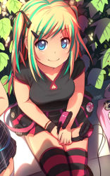Rule 34 | 10s, 1girl, 2012, aioi yuuko, bad id, blonde hair, blue eyes, blush, breasts, cleavage, cleavage cutout, clothing cutout, dated, green hair, hair ornament, hair ribbon, hairclip, hands together, headphones, highres, idfer, leaf, looking at viewer, looking up, multicolored hair, my little pony, my little pony: friendship is magic, nichijou, own hands together, pinkie pie, ribbon, short sleeves, signature, sitting, skirt, smile, solo, striped legwear, the elder scrolls, the elder scrolls v: skyrim, thighhighs, two-tone hair, two side up, v arms, zettai ryouiki