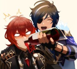 Rule 34 | 2boys, alcohol, black gloves, bottle, closed eyes, diluc (genshin impact), drinking, eyepatch, fingerless gloves, genshin impact, gloves, hair between eyes, jacket, kaeya (genshin impact), male focus, mn, multicolored hair, multiple boys, open mouth, red hair, simple background, streaked hair, sweat, teeth, twitter username, upper body, upper teeth only, wine bottle, yellow background