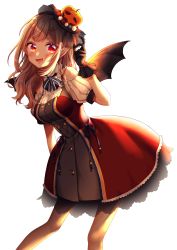Rule 34 | 1girl, :d, absurdres, black gloves, black ribbon, brown hair, clothing cutout, commentary request, demon wings, dress, elu (nijisanji), fangs, gloves, halloween, halloween costume, hat, highres, hina (hinalovesugita), jack-o&#039;-lantern, long hair, neck ribbon, nijisanji, open mouth, pointy ears, red dress, red eyes, ribbon, short sleeves, shoulder cutout, simple background, smile, solo, virtual youtuber, white background, wings