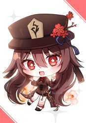 Rule 34 | 1girl, 723/nanahumi, black footwear, black shorts, blush, brown hair, brown hat, brown jacket, chibi, commentary request, flower, flower-shaped pupils, full body, genshin impact, hair between eyes, hat, hat flower, hu tao (genshin impact), jacket, long hair, long sleeves, looking at viewer, red eyes, red flower, red shirt, shirt, shoes, short shorts, shorts, socks, solo, sparkle, symbol-shaped pupils, very long hair, white background, white flower, white socks