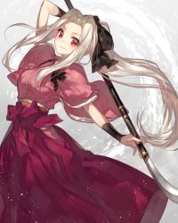 Rule 34 | 1girl, chocoan, fate/zero, fate (series), holding, holding weapon, irisviel von einzbern, japanese clothes, long hair, looking at viewer, naginata, official alternate costume, polearm, ponytail, red eyes, smile, solo, weapon, white hair