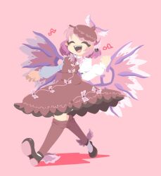 Rule 34 | 1girl, animal ears, bird ears, bird wings, black footwear, brown dress, brown hat, brown socks, closed eyes, collared shirt, dress, earrings, eighth note, frilled sleeves, frills, hat, highres, jewelry, long sleeves, music, musical note, mystia lorelei, open mouth, pink background, pink hair, pink wings, shinsei tomato, shirt, shoes, short hair, simple background, singing, single earring, smile, socks, solo, touhou, white shirt, winged hat, wings