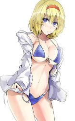Rule 34 | 1girl, alice margatroid, bikini, blonde hair, blue bikini, blue eyes, bow, breasts, cowboy shot, hair bow, hat, highres, jacket, jewelry, large breasts, looking at viewer, pendant, short hair, simple background, solo, swimsuit, thighs, touhou, white background, y2