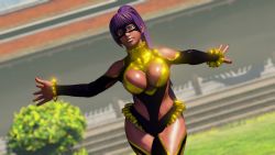 Rule 34 | 1girl, artist request, breasts, cleavage, cleavage cutout, clothing cutout, cosplay, curvy, dark-skinned female, dark skin, egyptian, female focus, highleg, highleg leotard, highres, leotard, looking at viewer, menat, ponytail, purple hair, rainbow mika (cosplay), revealing clothes, screencap, shiny skin, smile, solo, street fighter, thong leotard
