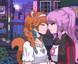 Rule 34 | 2girls, animal ears, animated, braid, cat ears, cat girl, cat tail, choker, cityscape, closed eyes, earrings, extra ears, face-to-face, feather earrings, feathers, gradient hair, hololive, hololive english, jacket, jewelry, looking at another, looping animation, mori calliope, mori calliope (streetwear), multicolored hair, multiple girls, nellawashere, orange hair, pink hair, ponytail, tail, takanashi kiara, takanashi kiara (casual), track jacket, twin braids, video, virtual youtuber, yuri