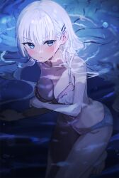 Rule 34 | 1girl, bare legs, barefoot, blush, bra, breasts, cleavage, collarbone, highres, looking at viewer, medium breasts, naruse shiroha, partially submerged, pink bra, solo, sonchi, summer pockets, toes, underwear, underwear only, white hair