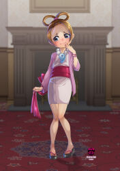 Rule 34 | 1girl, ace attorney, artist logo, artist name, bare legs, blue eyes, blush, bracelet, brown hair, closed mouth, female focus, full body, hair rings, hand on own face, highres, japanese clothes, jewelry, kimono, magatama, magatama necklace, necklace, pearl fey, pearl necklace, pink sash, sandals, sash, short hair, short kimono, smile, solo, standing, tlacuicani, toes