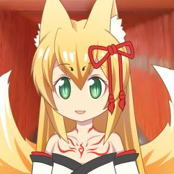 Rule 34 | 10s, 1girl, :d, animal ear fluff, animal ears, bare shoulders, blonde hair, fox ears, fox tail, green eyes, hair ornament, highres, japanese clothes, kemono friends, kitsune, long hair, looking at viewer, meme, mon-musu quest!, monster girl, multiple tails, open mouth, parody, ruinluin, short hair, sidelocks, smile, solo, style parody, tail, tamamo (mon-musu quest!), tatsuki (irodori) (style), tattoo