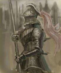 Rule 34 | 1other, absurdres, ame sagari, cowboy shot, from side, full body, grey armor, grey background, helm, helmet, highres, holding, holding polearm, holding weapon, knight, original, outdoors, polearm, weapon