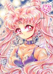 Rule 34 | 1girl, aged up, bare shoulders, bishoujo senshi sailor moon, black lady (sailor moon), breasts, chibi usa, cleavage, dress, earrings, highres, jewelry, large breasts, long hair, pink hair, traditional media, very long hair, yuki (yyy tgzc)