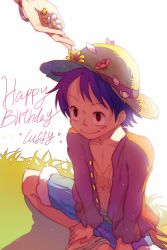 Rule 34 | 1boy, 2boys, birthday, bracelet, brothers, denim, denim shorts, flower, hat, indian style, jewelry, long sleeves, male focus, mino cat, monkey d. luffy, multiple boys, one piece, open clothes, open shirt, portgas d. ace, red shirt, sandals, scar, shirt, shorts, siblings, sitting, solo focus, straw hat, time paradox