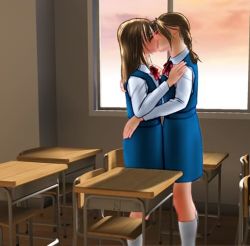 Rule 34 | 2girls, brown hair, classroom, desk, evening, hand on thigh, ishikura syouji, jpeg artifacts, kiss, lowres, multiple girls, roomscape, school, school uniform, yuri