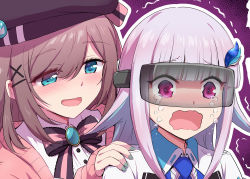 Rule 34 | 2girls, :d, aqua eyes, beret, blue hair, blue neckwear, blush, bow, bowtie, breasts, brown hair, cardigan, crying, crying with eyes open, hair ornament, hand on another&#039;s shoulder, hat, head-mounted display, highres, holding, jacket, lize helesta, long hair, marugoshi (54burger), multicolored hair, multiple girls, nail polish, nijisanji, nose blush, open mouth, pink cardigan, purple eyes, shirt, smile, suzuhara lulu, tears, upper body, virtual youtuber, wavy mouth, white hair, white jacket, white shirt, wing collar