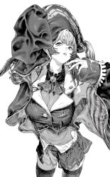 Rule 34 | 1girl, armpits, breasts, cleavage, coat, cowboy shot, cropped jacket, gloves, hat, highres, hololive, houshou marine, houshou marine (1st costume), jacket, large breasts, leotard, leotard under clothes, long sleeves, looking at viewer, monochrome, open clothes, open coat, open mouth, pirate hat, pleated skirt, skirt, sleeveless, sleeveless jacket, solo, takayanagi katsuya, thighhighs, virtual youtuber, white background
