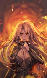 Rule 34 | biker clothes, blonde hair, breasts, collar, destiny child, earrings, explosion, hoop earrings, jewelry, kubaba (destiny child), large breasts, looking at viewer, sunglasses removed, unzipped, yellow eyes
