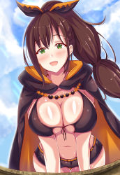 Rule 34 | 1girl, :d, absurdres, arm support, ayannon yumme, belt, bikini, bikini top only, bikini under clothes, black cape, black shorts, blue sky, blush, breasts, brown hair, cape, cleavage, cloud, collarbone, commentary, cowboy shot, day, extra pupils, front-tie bikini top, front-tie top, green eyes, hair between eyes, hair ornament, hair ribbon, high ponytail, highres, large breasts, long hair, looking at viewer, multi-tied hair, navel, open mouth, orange belt, orange cape, ponytail, re:zero kara hajimeru isekai seikatsu, ribbon, shaula (re:zero), short shorts, shorts, sidelocks, sky, smile, solo, star (symbol), star hair ornament, stomach, swimsuit, teeth, thigh gap, two-tone cape, upper teeth only