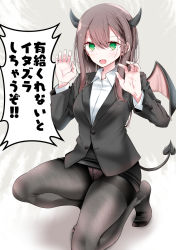 Rule 34 | 1girl, black pantyhose, blazer, brown hair, claw pose, collared shirt, demon horns, demon tail, demon wings, fine fabric emphasis, green eyes, highres, horns, jacket, kneeling, long hair, long sleeves, ol-chan (oouso), on one knee, oouso, open mouth, original, panties, panties under pantyhose, pantyhose, pantyshot, pencil skirt, shirt, sidelocks, skirt, solo, tail, thighband pantyhose, underwear, white shirt, wings