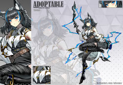 Rule 34 | 1girl, 2021, adoptable, allosauc, animal ear fluff, animal ears, arm cutout, arrow (projectile), artist name, bare shoulders, belt, belt bag, black bag, black belt, black footwear, black gloves, black hair, black leotard, black pants, blue eyes, blue hair, boots, bow (weapon), braid, brown bag, brown belt, buttons, character sheet, close-up, closed mouth, clothing cutout, collared shirt, commentary, cowboy shot, cross-laced footwear, deviantart username, diamond button, electricity, electrokinesis, english commentary, english text, eyelashes, fingerless gloves, full body, gloves, gradient background, grey background, highres, holding, holding bow (weapon), holding weapon, jacket, jacket partially removed, knee boots, leg cutout, leotard, leotard under clothes, light blush, light frown, long sleeves, looking at viewer, medium hair, multicolored hair, multiple belts, multiple views, original, pants, polka dot, polka dot background, projected inset, shirt, simple background, single braid, streaked hair, studded belt, triangle background, weapon, white jacket, white shirt, white sleeves, wolf ears