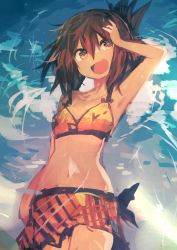 Rule 34 | 1girl, absurdres, arm up, armpits, bikini, blue background, brown eyes, brown hair, cowboy shot, folded ponytail, hair between eyes, hand in own hair, highres, inazuma (kancolle), kaamin (mariarose753), kantai collection, navel, open mouth, sarong, sky, smile, solo, standing, swimsuit, yellow bikini