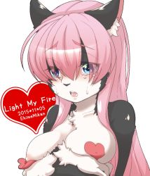 Rule 34 | 1girl, blue eyes, breasts, cat, covered erect nipples, ehime mikan, female focus, furry, furry female, long hair, nipples, open mouth, pasties, pink hair, solo, tears, upper body, white background