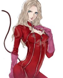Rule 34 | 1girl, arm up, blonde hair, blue eyes, bodysuit, boots, breasts, cat mask, cat tail, catsuit, cleavage cutout, clothing cutout, earrings, gloves, hair down, hand on own chest, high heels, highres, jewelry, lips, long hair, long sleeves, looking at viewer, looking back, mask, medium breasts, persona, persona 5, pertex 777, pink gloves, red bodysuit, red thighhighs, simple background, solo, tail, takamaki anne, thigh boots, thighhighs, wavy hair, white background, zipper
