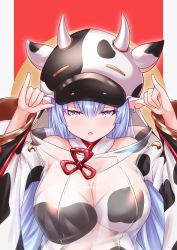 Rule 34 | 1girl, animal ears, animal print, bare shoulders, bikini, blue hair, blush, breasts, catura (granblue fantasy), cleavage, cow ears, cow girl, cow hat, cow horns, cow print, d-l-l, detached collar, detached sleeves, draph, ear piercing, granblue fantasy, hands up, horns, large breasts, long hair, looking at viewer, navel, open mouth, piercing, pink eyes, pointy ears, see-through, swimsuit, thighs, white bikini, wide sleeves