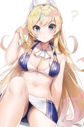 Rule 34 | 1girl, :o, ?, arm support, ascot, ass, azur lane, bad id, bad pixiv id, bikini, blonde hair, blue eyes, blush, breasts, cleavage, collarbone, commentary request, front-tie bikini top, front-tie top, glorious (azur lane), hair between eyes, hair ornament, hand in own hair, knee up, large breasts, long hair, looking at viewer, navel, panties, pantyshot, parted lips, ruffling hair, sidelocks, simple background, sitting, solo, swimsuit, underwear, upskirt, white background, yayoichi (yoruyoru108)