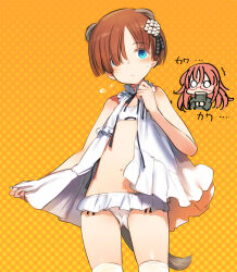 Rule 34 | 2girls, animal ears, blue eyes, blush, brown hair, cameltoe, chibi, dress, flat chest, flying sweatdrops, glasses, hair ornament, hair over one eye, joanna elizabeth stafford, looking at viewer, luminous witches, multiple girls, o o, open clothes, open dress, orange background, panties, pink hair, shimada fumikane, short dress, short hair, sleeveless, sleeveless dress, sylvie cariello, tail, tareme, thighhighs, underwear, white dress, white thighhighs, world witches series