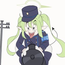Rule 34 | 1girl, animated, animated gif, armband, black hat, black jacket, black tail, blue archive, blue armband, commentary request, gloves, green hair, green halo, hair between eyes, halo, hat, hrna, jacket, korean commentary, long hair, long sleeves, on vehicle, open mouth, peaked cap, pointy ears, scene reference, sharp teeth, solo, teeth, tom and jerry, tongue, tongue out, train, twintails, upper teeth only, white gloves