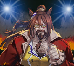 Rule 34 | 1boy, animal ears, beard, brown hair, clenched hand, clenched teeth, commentary request, el condor pasa (umamusume), eye mask, eyebrows hidden by hair, facial hair, fire, genderswap, hair between eyes, hand up, high ponytail, horse boy, horse ears, jacket, kws, long hair, male focus, mustache, open clothes, open jacket, ponytail, recursive genderswap, red jacket, shirt, solo, teeth, thick eyebrows, umamusume, upper body, v-shaped eyebrows, yellow shirt