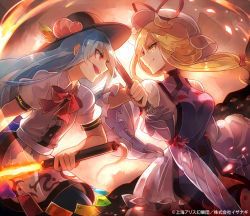 Rule 34 | 2girls, 60mai, apron, black hat, blonde hair, blouse, blue hair, blue skirt, bow, buttons, collared shirt, dress, food, fruit, hat, hat ribbon, hinanawi tenshi, holding, holding sword, holding umbrella, holding weapon, long hair, long sleeves, looking at another, mob cap, multiple girls, open mouth, parasol, peach, puffy short sleeves, puffy sleeves, rainbow order, red bow, red eyes, ribbon, shirt, short hair, short sleeves, skirt, smile, sword, sword of hisou, tabard, touhou, umbrella, weapon, white dress, white shirt, wide sleeves, yakumo yukari, yellow eyes