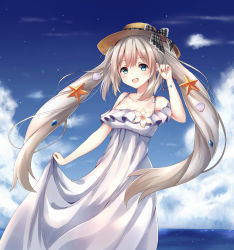 Rule 34 | 1girl, absurdres, bare shoulders, blue sky, blush, cloud, cloudy sky, collarbone, day, dress, fate/grand order, fate (series), grey hair, hand up, hat, highres, holding, holding clothes, holding dress, long hair, looking at viewer, marie antoinette (fate), marie antoinette (fate/grand order), marie antoinette (swimsuit caster) (fate), marie antoinette (swimsuit caster) (second ascension) (fate), ocean, open mouth, outdoors, shell hair ornament, sidelocks, sky, smile, solo, standing, starfish hair ornament, sun hat, tareme, very long hair, white dress, ym (distance819)