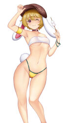 Rule 34 | 1girl, ;), ;3, adapted costume, animal ears, armpits, breasts, dango, feet out of frame, food, hat, hataraki kuma, highres, holding, looking at viewer, one eye closed, rabbit ears, rabbit tail, ringo (touhou), short hair, shorts, simple background, small breasts, smile, solo, suspenders, tail, touhou, underboob, wagashi, white background