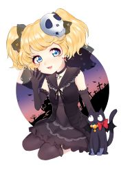 Rule 34 | 1girl, blonde hair, blue eyes, blush, cat, dress, earrings, elbow gloves, gloves, hair ornament, hal (stsff), jewelry, looking at viewer, open mouth, short twintails, skull hair ornament, smile, solo, tasha romanovsky, tokyo 7th sisters, twintails