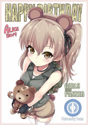 Rule 34 | 1girl, animal ears, artist name, backpack, bag, bandages, bandaid, bear ears, bear tail, black choker, black gloves, black ribbon, blush, boko (girls und panzer), border, brown border, brown eyes, brown shorts, carrying, character name, choker, closed mouth, commentary, copyright name, dated, emblem, english text, fake animal ears, fake tail, fingerless gloves, girls und panzer, gloves, grey jacket, hair ribbon, happy birthday, highres, holding, holding stuffed toy, jacket, kasai shin, light blush, light brown hair, long hair, looking at viewer, one side up, ribbon, selection university (emblem), shimada arisu, shirt, short shorts, shorts, signature, sleeveless, sleeveless jacket, solo, standing, stuffed animal, stuffed toy, tail, teddy bear, thighhighs, white shirt, white thighhighs