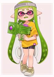 Rule 34 | 1girl, aoaza 83, bike shorts, black shorts, blunt bangs, clothes writing, colored tongue, commentary, cross-laced footwear, fangs, flying sweatdrops, frown, green hair, green tongue, grey background, headband, heel up, highres, holding, holding weapon, inkling, inkling (language), inkling girl, inkling player character, logo, long hair, looking at viewer, nintendo, open mouth, outside border, pointy ears, print shirt, purple eyes, shirt, shoes, short sleeves, shorts, single vertical stripe, sneakers, solo, splatoon (series), splatoon 1, splatoon 2, splattershot jr (splatoon), standing, sweatdrop, t-shirt, tentacle hair, translated, trembling, very long hair, weapon, white headband, yellow footwear, yellow shirt