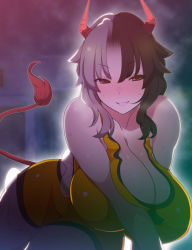 Rule 34 | 1girl, animal ears, arm support, bare shoulders, bloom, blurry, blurry background, blush, breasts, cleavage, collarbone, commentary request, cow ears, cow horns, cow tail, deep skin, grin, hair between eyes, half-closed eyes, highres, horns, huge breasts, indoors, long hair, looking at viewer, multicolored hair, nose blush, otoufu (wddkq314band), red eyes, shirt, shorts, smile, solo, split-color hair, steam, sweat, tail, thighs, touhou, two-tone hair, ushizaki urumi, yellow shirt, yellow shorts
