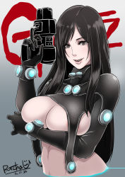 Rule 34 | 1girl, black eyes, black hair, blush, breast hold, breasts, butcha-u, covering privates, covering breasts, dated, gantz, gantz suit, gun, holding, holding gun, holding weapon, large breasts, long hair, navel, parted lips, shimohira reika, sideboob, sidelocks, signature, smile, solo, stomach, straight hair, underboob, upper body, weapon