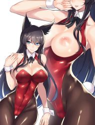 Rule 34 | 1girl, :d, ahri (league of legends), alternate costume, alternate eye color, animal ears, aqua eyes, bare arms, bare shoulders, black hair, black neckwear, black pantyhose, bow, bowtie, breasts, breasts out, cleavage, covered navel, detached collar, ero waifu, facial mark, fox ears, highleg, highleg leotard, hip focus, large breasts, league of legends, leotard, lips, long hair, nipples, open mouth, pantyhose, playboy bunny, puffy nipples, rabbit tail, red leotard, simple background, smile, solo focus, tail, whisker markings, white background, wrist cuffs