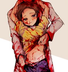 Rule 34 | 2boys, blood, blood on clothes, blood on face, blush, brown hair, clothes lift, grandfather and grandson, highres, incest, lab coat, male focus, morty smith, multiple boys, navel, noko6, rick and morty, rick sanchez, shirt, shirt lift, short hair, smile, solo focus, underwear, yaoi, yellow shirt