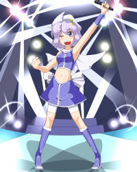 Rule 34 | 1girl, absurdres, adapted costume, bad id, bad pixiv id, blue eyes, cape, female focus, hat, highres, letty whiterock, mashio, microphone, navel, one eye closed, open mouth, pink hair, short hair, sleeveless, solo, standing, touhou, wink, wristband