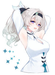 Rule 34 | 1girl, absurdres, adjusting hair, alternate costume, armpits, arms up, black hairband, breasts, cleavage, cleavage cutout, clothing cutout, cropped torso, detached sleeves, firefly (honkai: star rail), grey hair, hair intakes, hairband, high ponytail, highres, honkai: star rail, honkai (series), looking at viewer, medium breasts, open mouth, purple eyes, sana (sanamaru 0w0), shirt, simple background, sleeveless, sleeveless shirt, solo, white background, white shirt, white sleeves