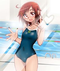 Rule 34 | 1girl, ahoge, blush, commentary request, competition school swimsuit, competition swimsuit, covered navel, graphite (medium), heart, hino akane (smile precure!), looking at viewer, millipen (medium), one-piece swimsuit, onnaski, open mouth, pool, precure, red eyes, red hair, school swimsuit, short hair, smile, smile precure!, solo, swimsuit, traditional media