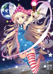 Rule 34 | 1girl, abusoru, alternate legwear, american flag dress, american flag legwear, armpits, arms at sides, artist name, asymmetrical legwear, bare arms, blonde hair, breasts, clownpiece, dress, earth (planet), fairy wings, full body, hat, holding, jester cap, long hair, looking at viewer, mismatched legwear, moon, neck ruff, no shoes, open mouth, outdoors, planet, polka dot, purple eyes, sky, sleeveless, sleeveless dress, small breasts, solo, space, star (sky), star (symbol), star print, starry sky, striped clothes, striped dress, striped thighhighs, thighhighs, torch, touhou, very long hair, wide hips, wings, zettai ryouiki