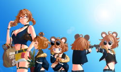 Rule 34 | 5girls, absurdres, ahoge, animal ears, bad id, bad pixiv id, bear ears, breasts, brown hair, burger, cleavage, closed eyes, cowboy shot, doughnut, eyewear on head, food, girls&#039; frontline, glasses, grizzly mkv (girls&#039; frontline), highres, holster, ikkka93, lar grizzly win mag, large breasts, lens flare, midriff, multiple girls, navel, plant, potted plant, purple eyes, red-framed eyewear, shorts, shoulder holster, smile, tin can