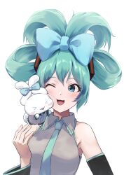 Rule 34 | &gt; &lt;, 1girl, absurdres, blue bow, blue eyes, blue hair, blue necktie, blush, bow, cinnamiku, cinnamoroll, collared shirt, detached sleeves, eyelashes, folded twintails, frilled shirt collar, frills, grey shirt, hair bow, hatsune miku, highres, necktie, one eye closed, open mouth, painapo, sanrio, shirt, tied ears, upper body, vocaloid, white background