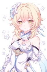 Rule 34 | 1girl, bare shoulders, blonde hair, blush, dress, feather hair ornament, feathers, floral background, flower, gauntlets, genshin impact, hair between eyes, hair flower, hair ornament, highres, lumine (genshin impact), simple background, white dress, white feathers, white flower, yellow eyes, yukomeow