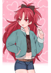 Rule 34 | 1girl, belt, black ribbon, border, brown belt, casual, cowboy shot, crop top, denim, denim shorts, dot nose, eyes visible through hair, facing viewer, fang, flat chest, food, green jacket, hair ribbon, hand in pocket, hand up, happy, heart, heart background, high collar, high ponytail, highres, holding, holding food, jacket, legs together, letterman jacket, light blush, long hair, looking afar, mahou shoujo madoka magica, midriff, miyako (xxxbibit), navel, open mouth, parted bangs, pink background, pocky, polka dot, polka dot background, ponytail, red eyes, red hair, ribbon, sakura kyoko, short shorts, shorts, simple background, solo, thick thighs, thighs, tsurime, white border